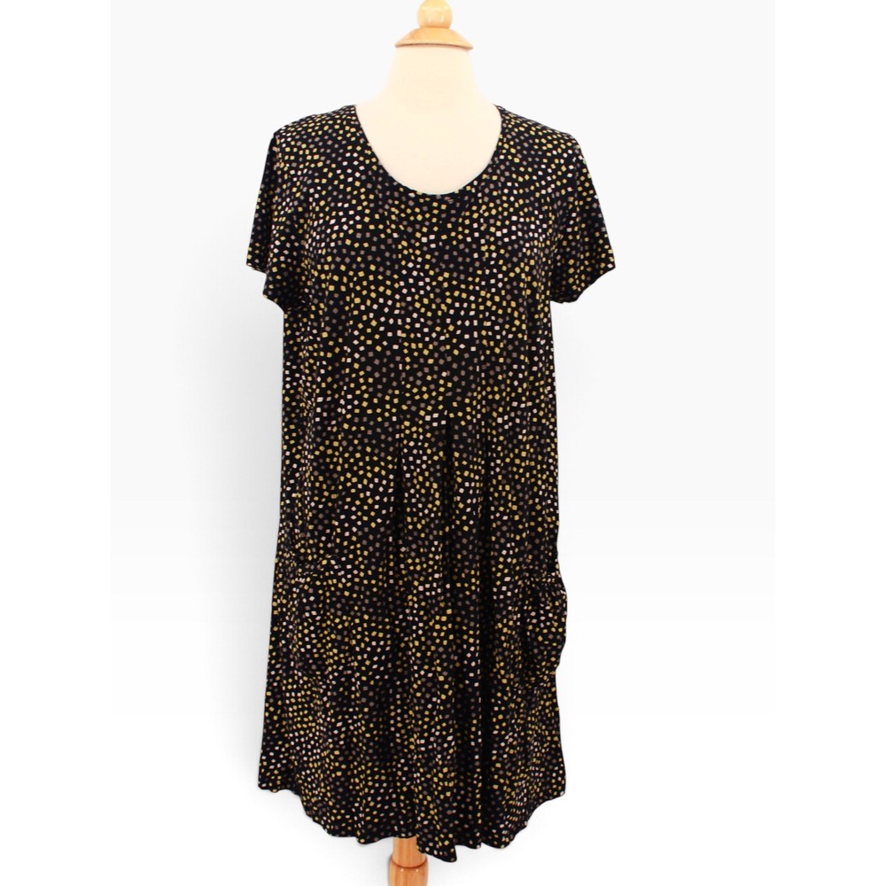 Gudrun Sjoden Pleated Dress Large Black Yellow Geometric Confetti Print Pocket